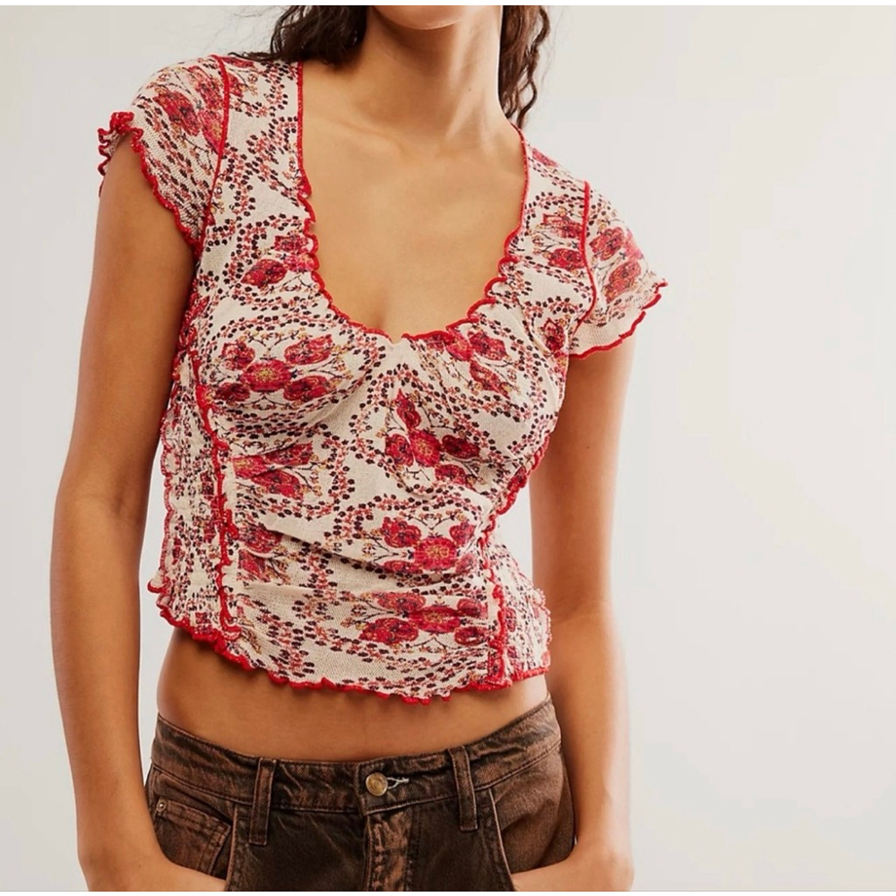 Free People Oh My Baby Mesh Tee L NWOT Sheer Y2K Fairy Grunge Top Red Floral
